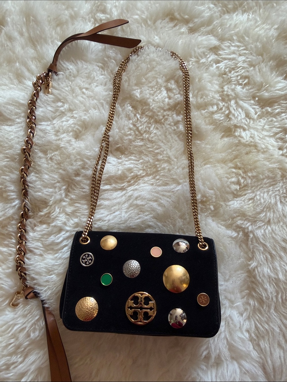 Tory Burch Black Velvet Chain Crossbody with Mixed Metallic Studs